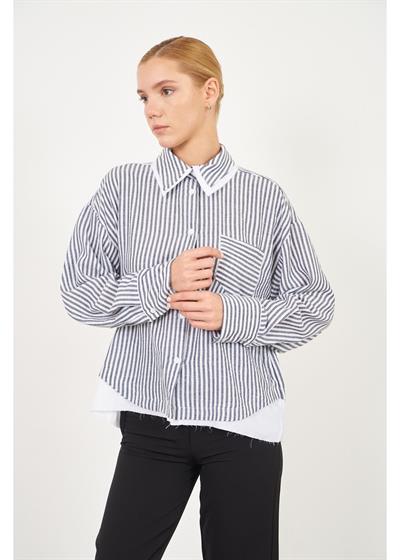 Poplin Garnili Çizgili Keten Görünümlü Gömlek 