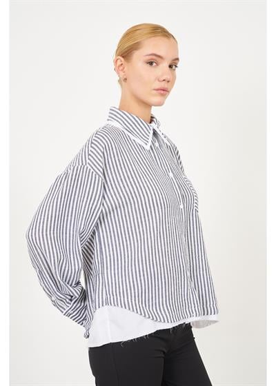 Poplin Garnili Çizgili Keten Görünümlü Gömlek 