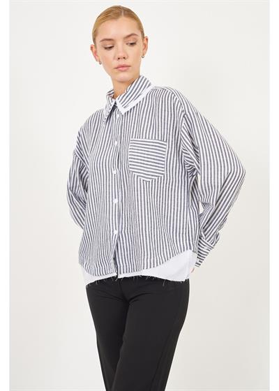Poplin Garnili Çizgili Keten Görünümlü Gömlek 