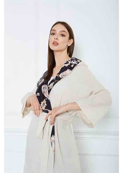 Saten Garnili Keten Görünümlü Kimono