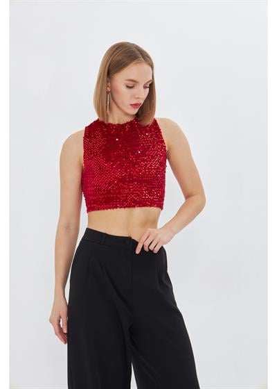 Sıfır Kol Pul Payet Bluz 