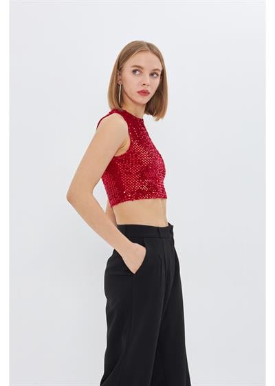 Sıfır Kol Pul Payet Bluz 