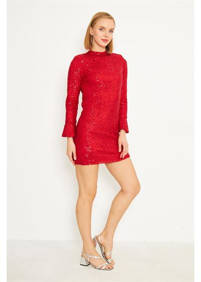 Sırt Dekolteli Kolları Volanlı Kırmızı Pul Payet Elbise 