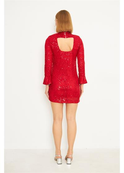Sırt Dekolteli Kolları Volanlı Kırmızı Pul Payet Elbise 
