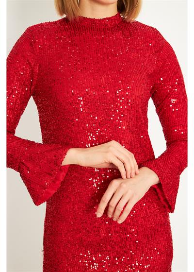 Sırt Dekolteli Kolları Volanlı Kırmızı Pul Payet Elbise 