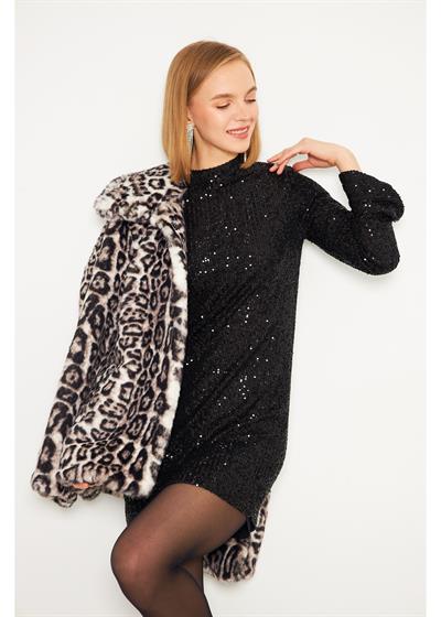 Sırt Dekolteli Kolları Volanlı Siyah Pul Payet Elbise 