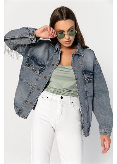 Sırtı İşlemeli, Kolları Ve Sırtı Zincirli Boyfriend Kot Ceket