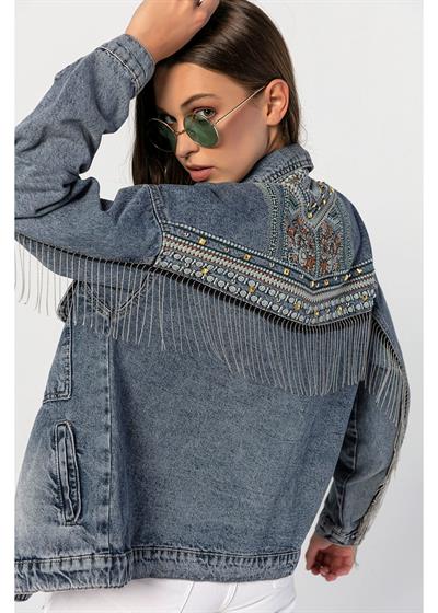 Sırtı İşlemeli, Kolları Ve Sırtı Zincirli Boyfriend Kot Ceket