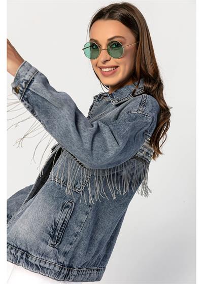 Sırtı İşlemeli, Kolları Ve Sırtı Zincirli Boyfriend Kot Ceket