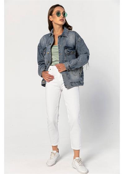 Sırtı İşlemeli, Kolları Ve Sırtı Zincirli Boyfriend Kot Ceket