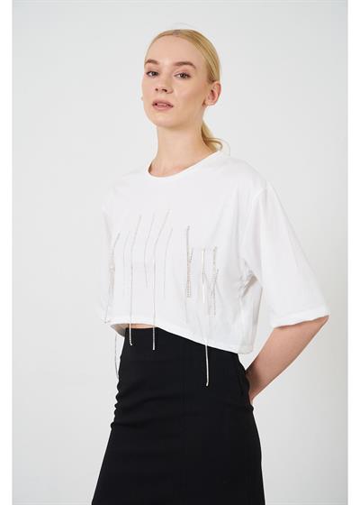 Taş Detaylı Crop T-Shirt