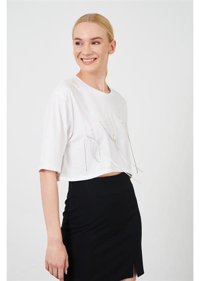 Taş Detaylı Crop T-Shirt