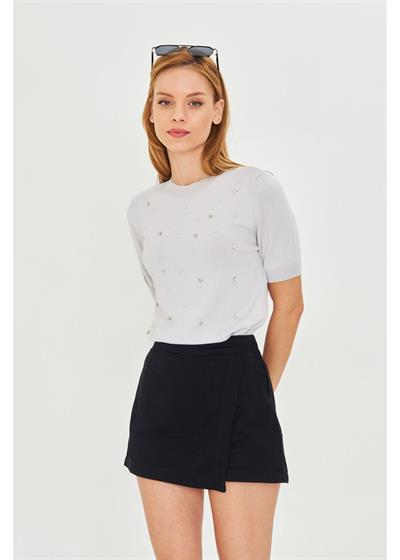 Taş Detaylı Yaka Bantlı Triko Bluz 