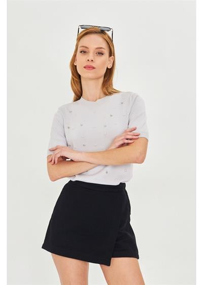 Taş Detaylı Yaka Bantlı Triko Bluz 
