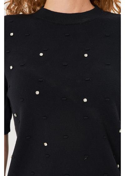 Taş Detaylı Yaka Bantlı Triko Bluz 