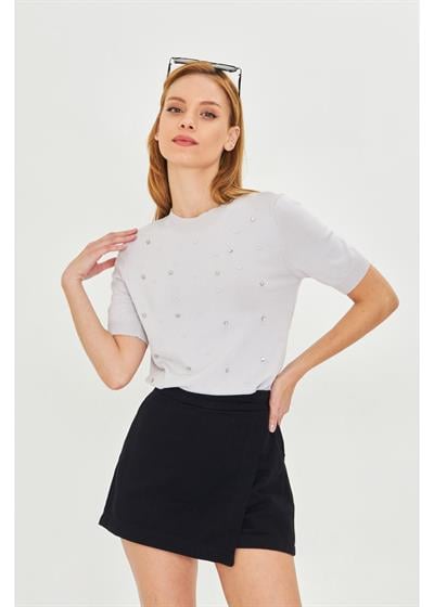 Taş Detaylı Yaka Bantlı Triko Bluz 