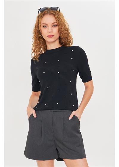 Taş Detaylı Yaka Bantlı Triko Bluz 
