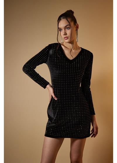 Taşlı Kadife Elbise