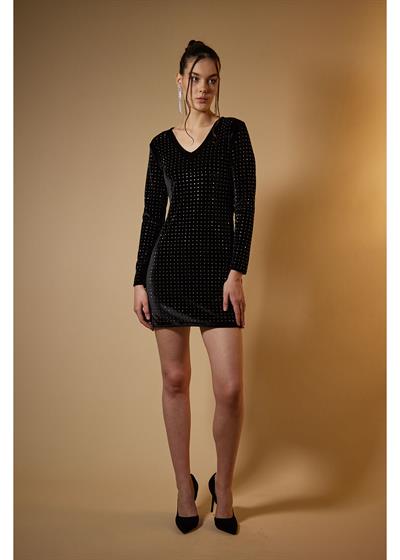 Taşlı Kadife Elbise