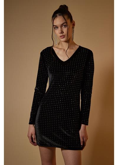 Taşlı Kadife Elbise