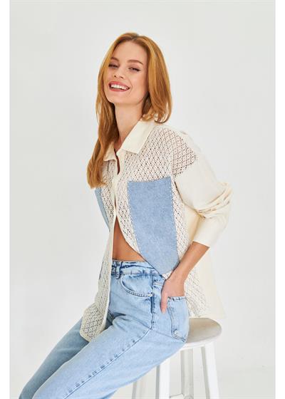 Cep Detaylı Dantelli Gabardin Gömlek 