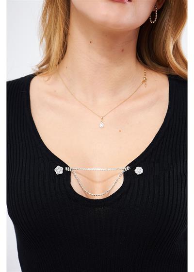 Uzun Kollu Aksesuarlı Örgü Kazak 