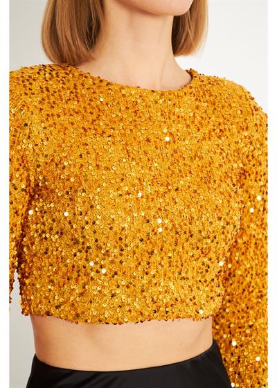 Uzun Kollu Payetli Hardal Crop Bluz 