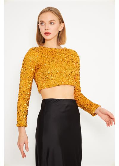 Uzun Kollu Payetli Hardal Crop Bluz 