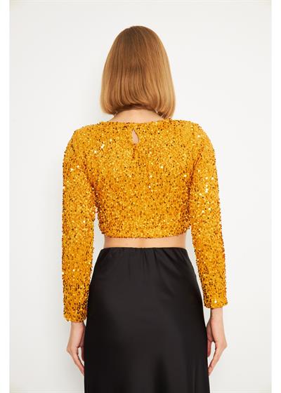 Uzun Kollu Payetli Hardal Crop Bluz 