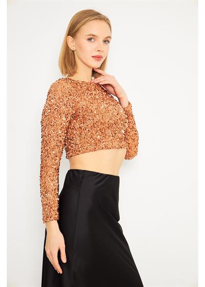 Uzun Kollu Payetli Vizon Crop Bluz 