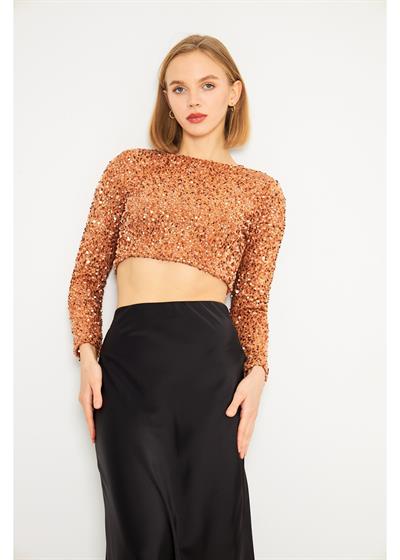 Uzun Kollu Payetli Vizon Crop Bluz 