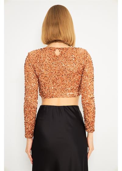 Uzun Kollu Payetli Vizon Crop Bluz 