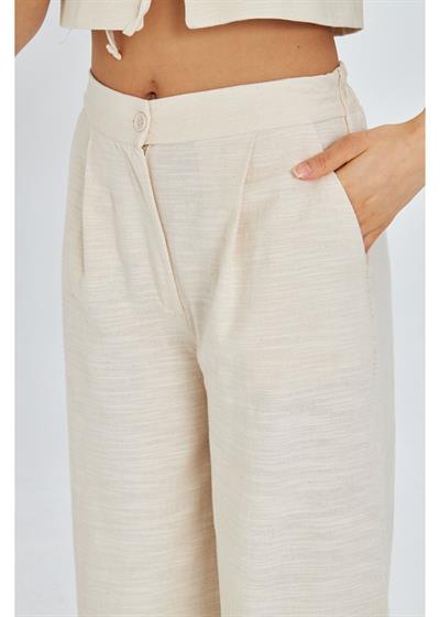 Yandan Cepli Arkası Lastikli Keten Görünümlü Pantolon 