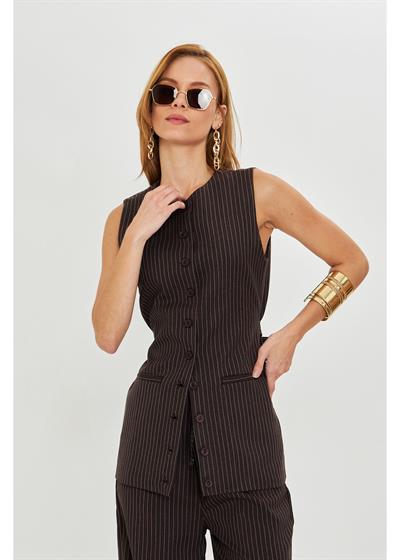 Yanı Kemerli Çizgili Poliviskon Yelek 