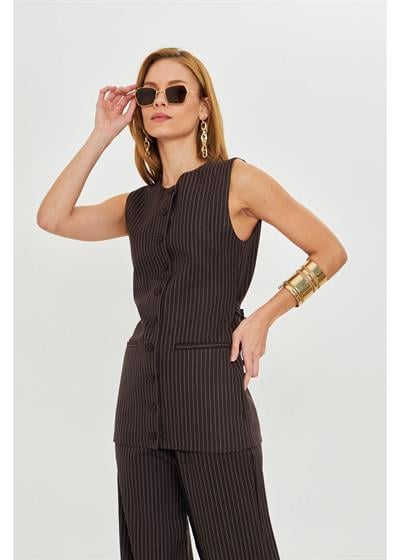 Yanı Kemerli Çizgili Poliviskon Yelek 