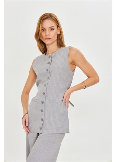 Yanı Kemerli Çizgili Poliviskon Yelek 