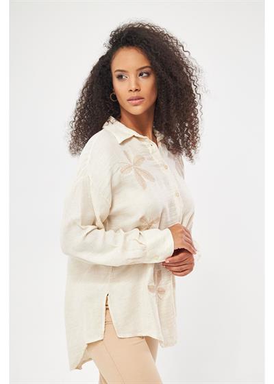 Yaprak Nakışlı Müslin Keten Görünümlü Gömlek 