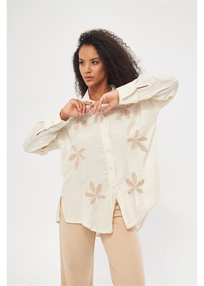 Yaprak Nakışlı Müslin Keten Görünümlü Gömlek 