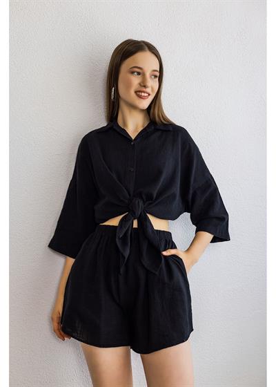 Yıkamalı Keten Görünümlü Şort