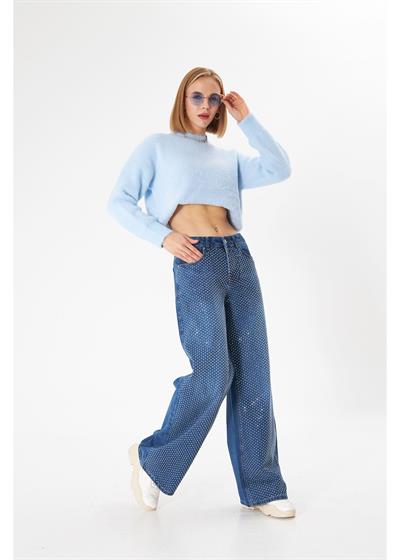 Yüksek Bel Taşlı Palazzo Pantolon 