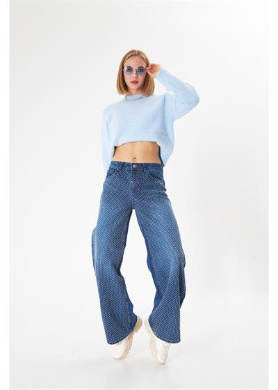 Yüksek Bel Taşlı Palazzo Pantolon 