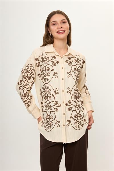 Bej %100 Pamuk Balıksırtı Desenli Nakış İşlemeli Kadın Gömlek