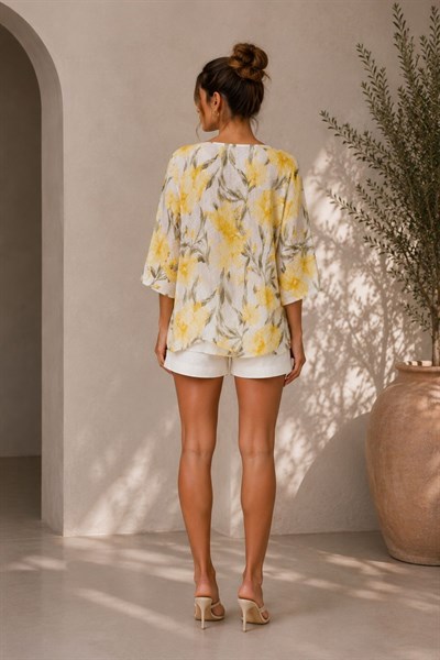 Desenli V Yaka Kısa Kimono