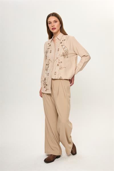 Kuş ve Çiçek Boncuk İşlemeli Oversize Gömlek