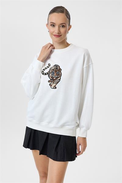 Kaplan Nakışlı Arkası Baskılı Sweatshirt