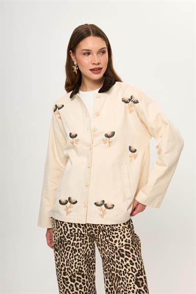 Kadife Yakalı Nakışlı Pamuklu Ceket