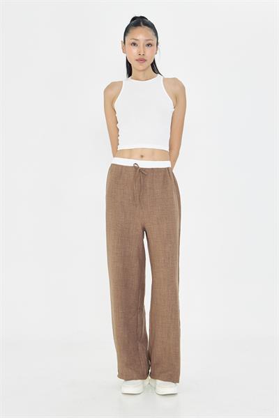 Beli Garnili Bağcıklı Bol Keten Görünümlü Pantolon