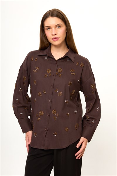 Boncuk İşlemeli Gabardin Gömlek