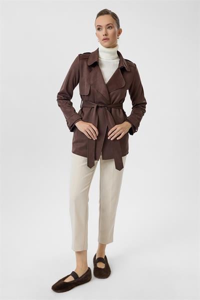 Kuşaklı Cepli Süet Trençkot