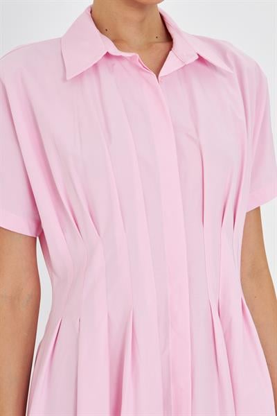 Pileli Gömlek Yaka Poplin Elbise